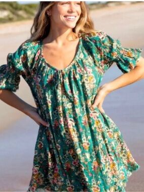 Natural Life Green Floral Boho Short Dress